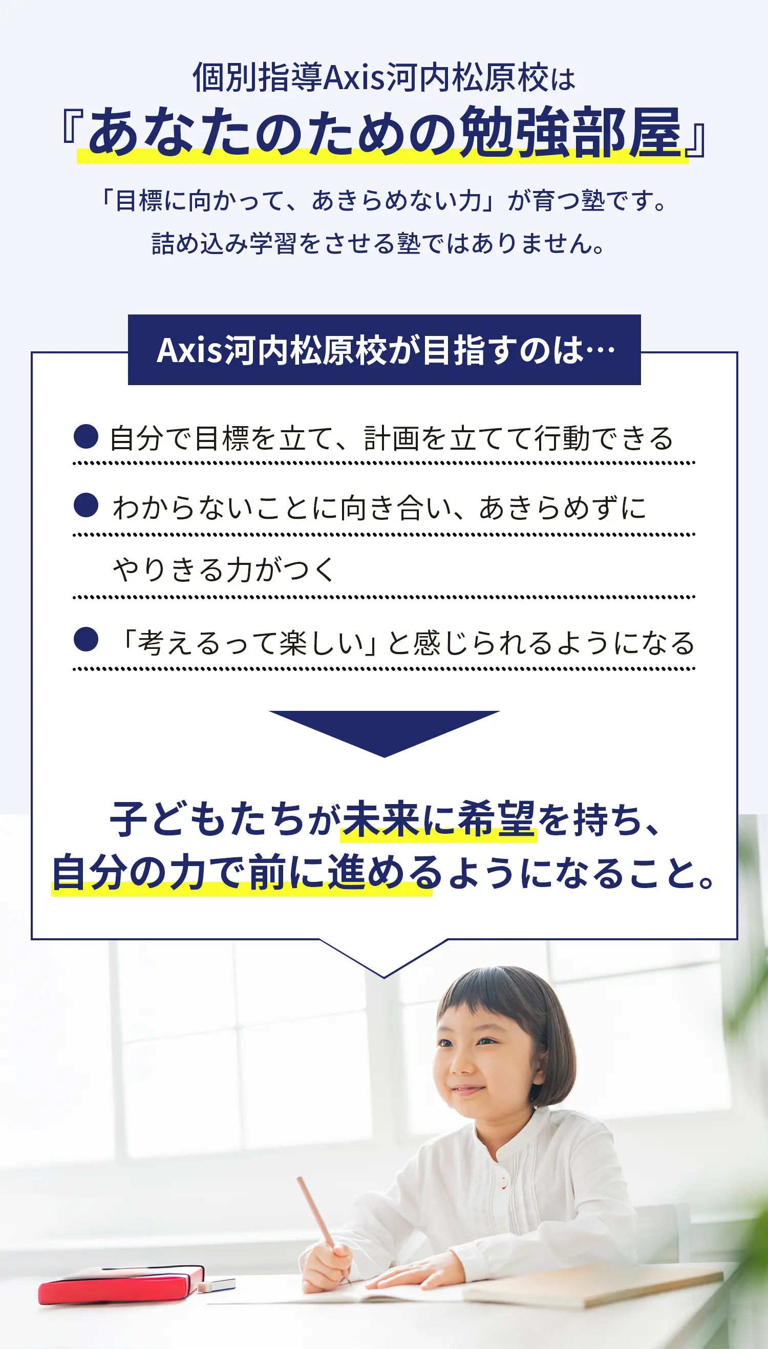 個別指導Axis河内松原港は「あなたのための勉強部屋」｜「目標に向かって、あきらめない力」が育つ塾です。詰め込み学習をさせる塾ではありません。